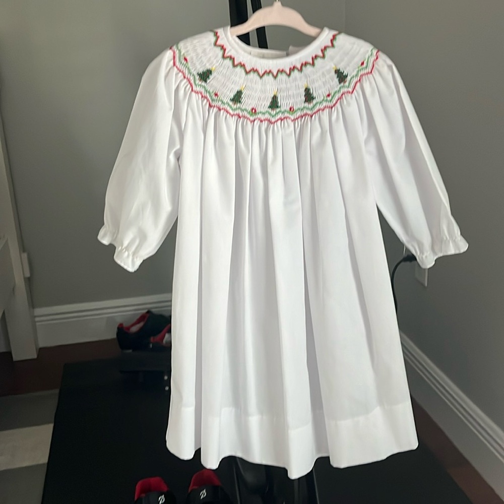 Christmas Trees White Long Sleeve Smocked Bishop